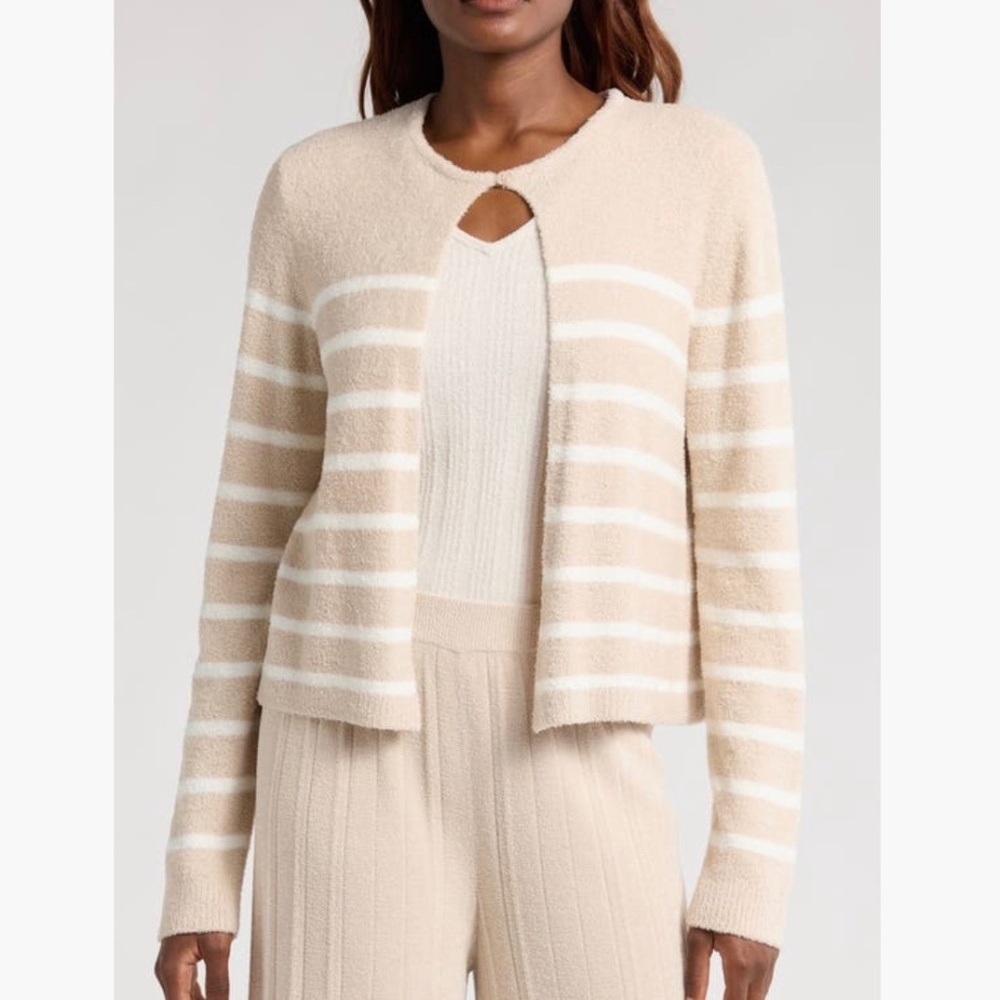 Barefoot Dreams CozyChic Lite Striped Cardigan Stone/Pearl SZ XL - Picture 1 of 16